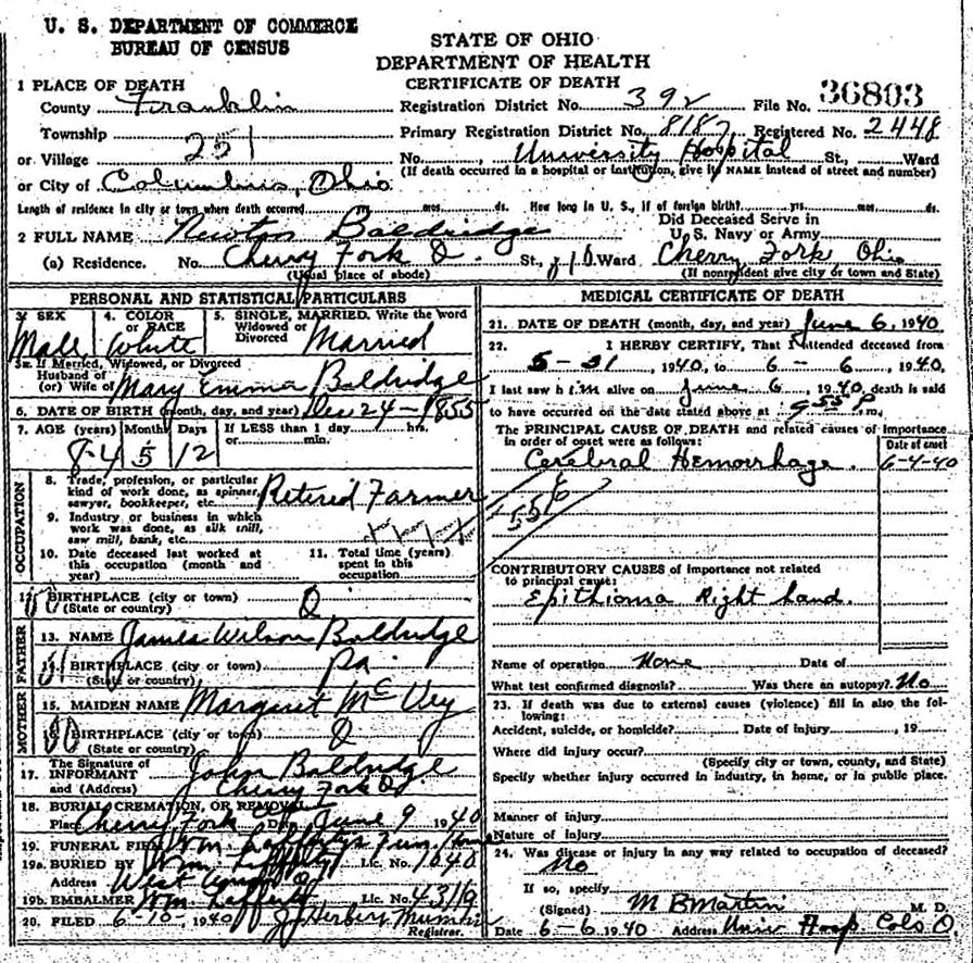 Death Certificate of Newton D. Baldridge (1853-1940)